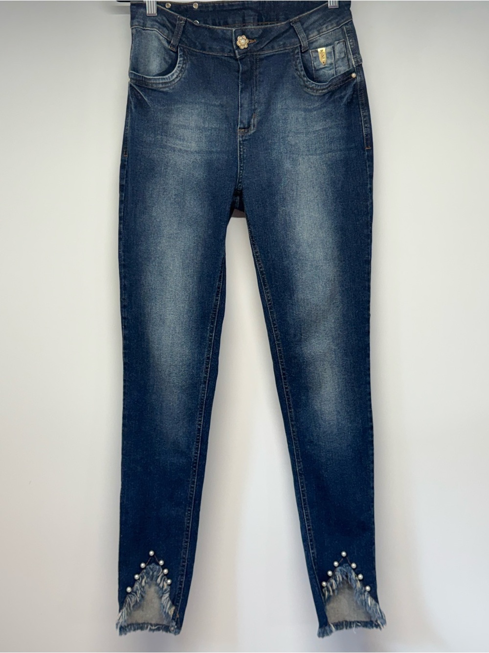 Dark Blue Women's Skinny Jeans with Frayed Hem and Pearl Detail Undone 42